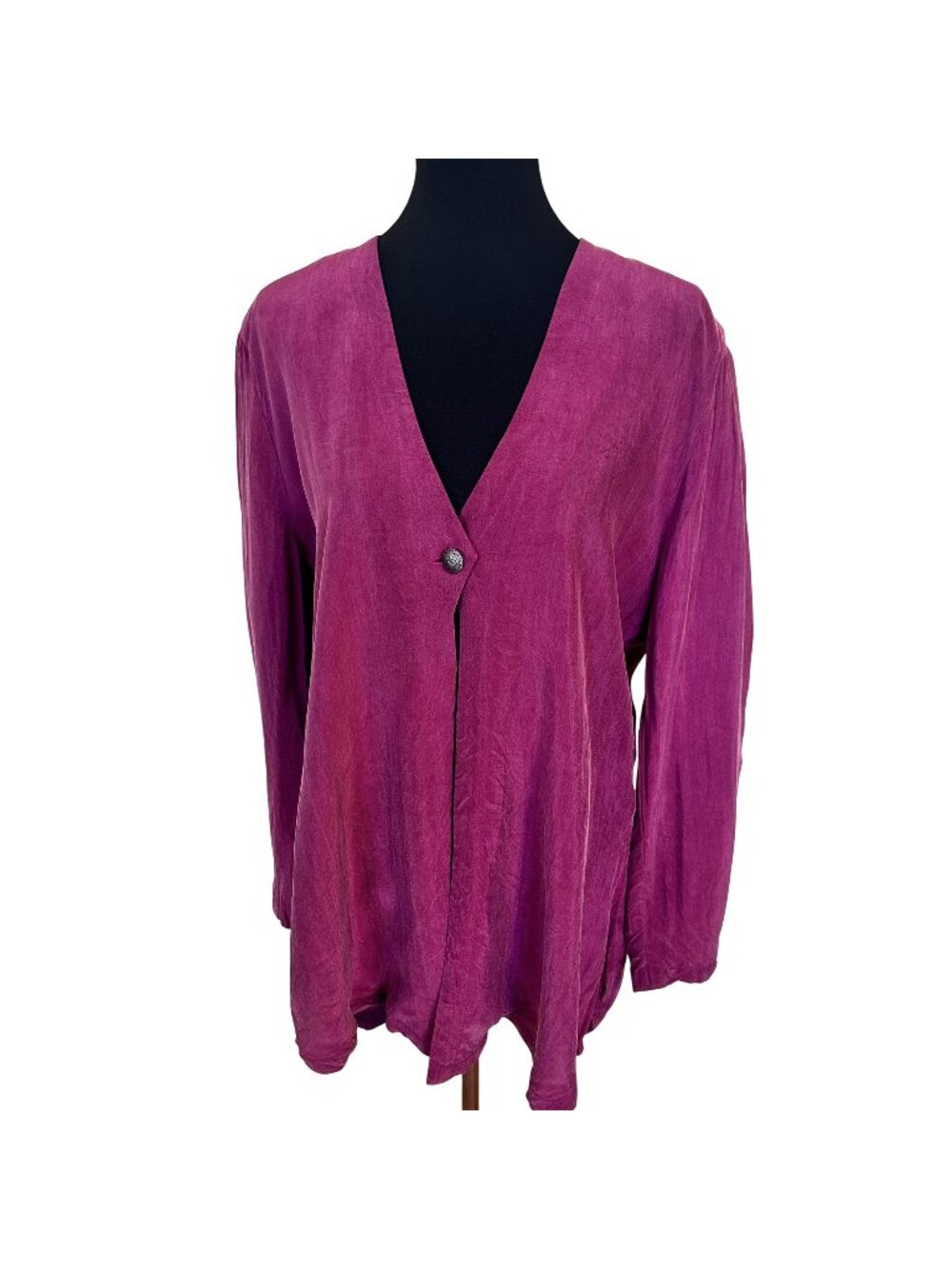 Vtg Womens Magenta Tunic Top Button Front Rayon Cardigan Blouse Pink Flowy Boho